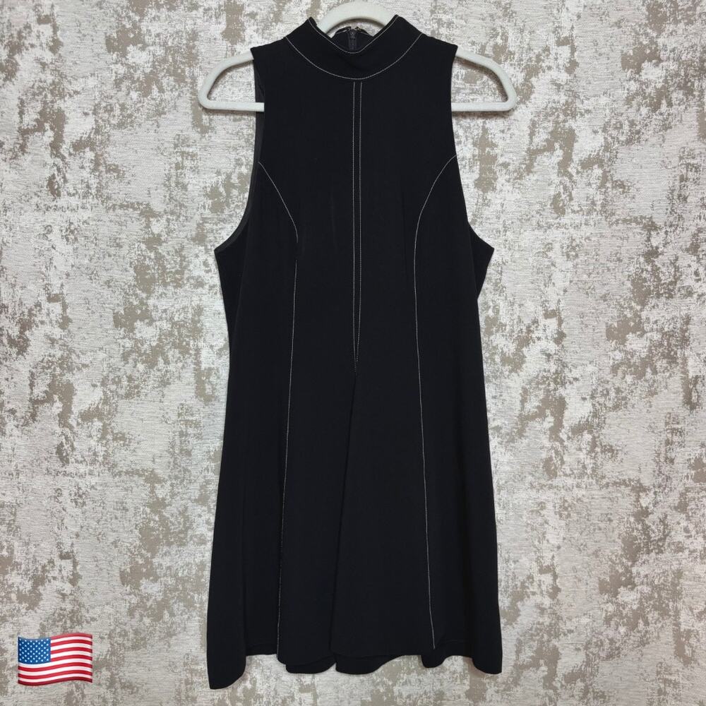 Cinq A Sept Angie Contrast Stitching Silk Tie Neck Dress in Black/White